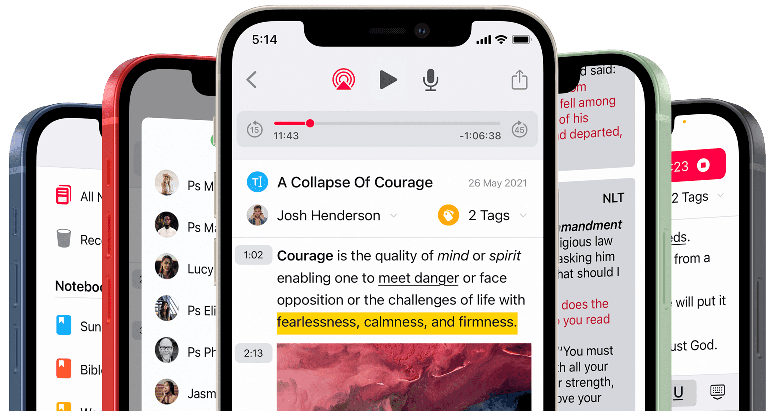 Church Notes app interface showing sermon notes, Bible verse integration, and recording features for church note taking